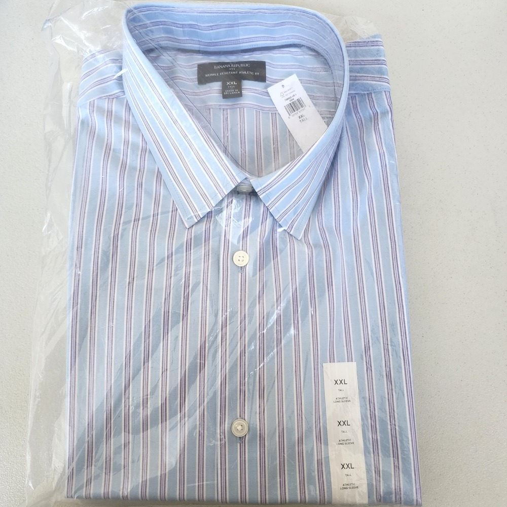 Banana Republic XXL Tall Athletic Fit Wrinkle Resistant Striped Dress Shirt Blue